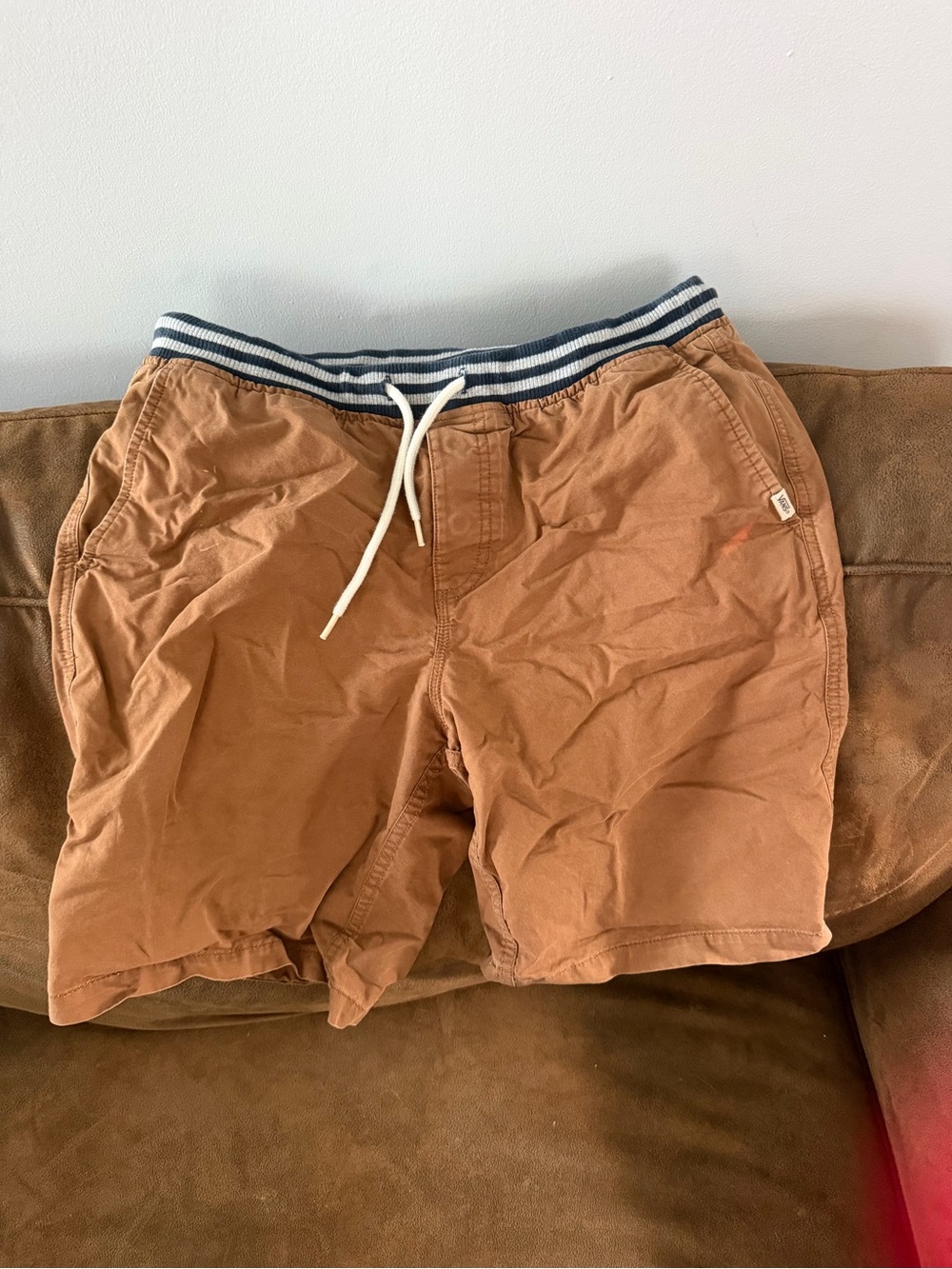 Vans Brown Flat Front Shorts with Navy-Striped Waistband